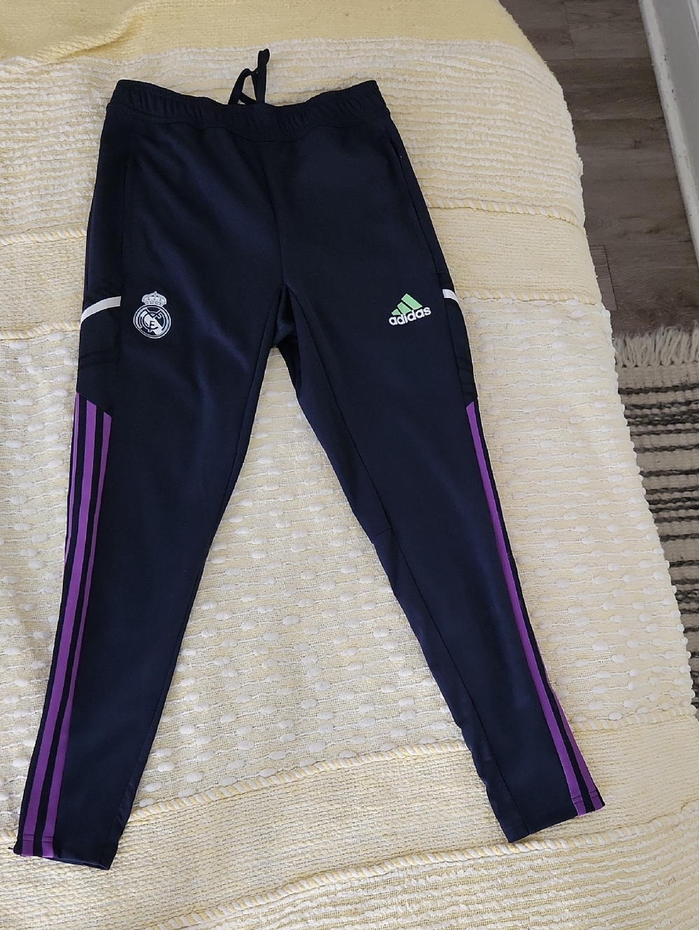 adidas Navy Joggers with Purple Side Stripes and Green Logo